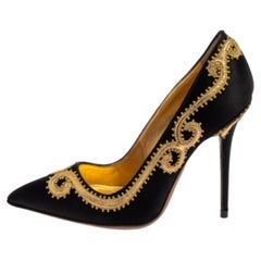 Manolo Blahnik Black Satin Embroidered Pointed Toe Pumps Size 34.5