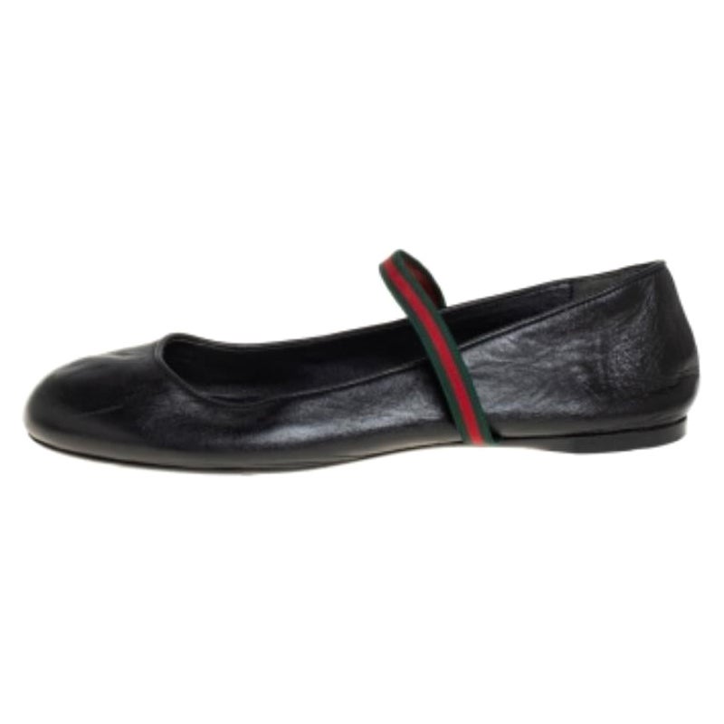 Gucci Black Leather Web Ballet Flats Size 36 For Sale