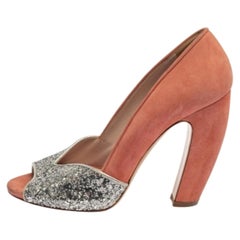 Miu Miu Silver/Pink Coarse Glitter and Suede Peep Toe Pumps Size 37