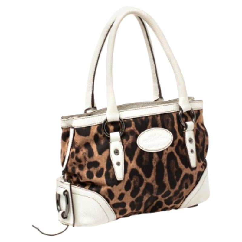 Dolce & Gabbana White/Brown Animal Print Fabric and Leather Satchel For Sale