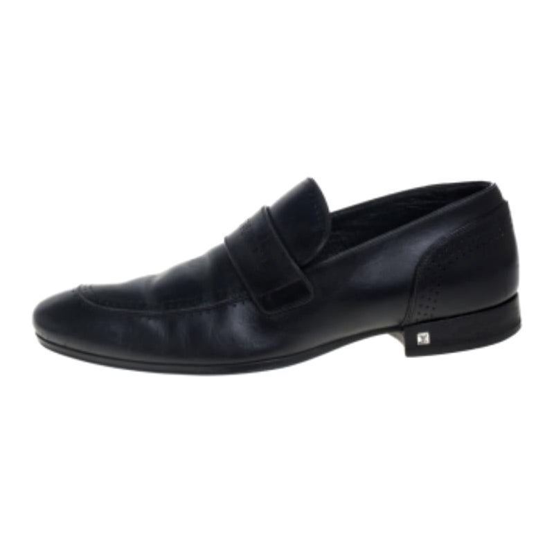Louis Vuitton Black Leather Logo Perforated Slip On Loafers Size 40 For Sale