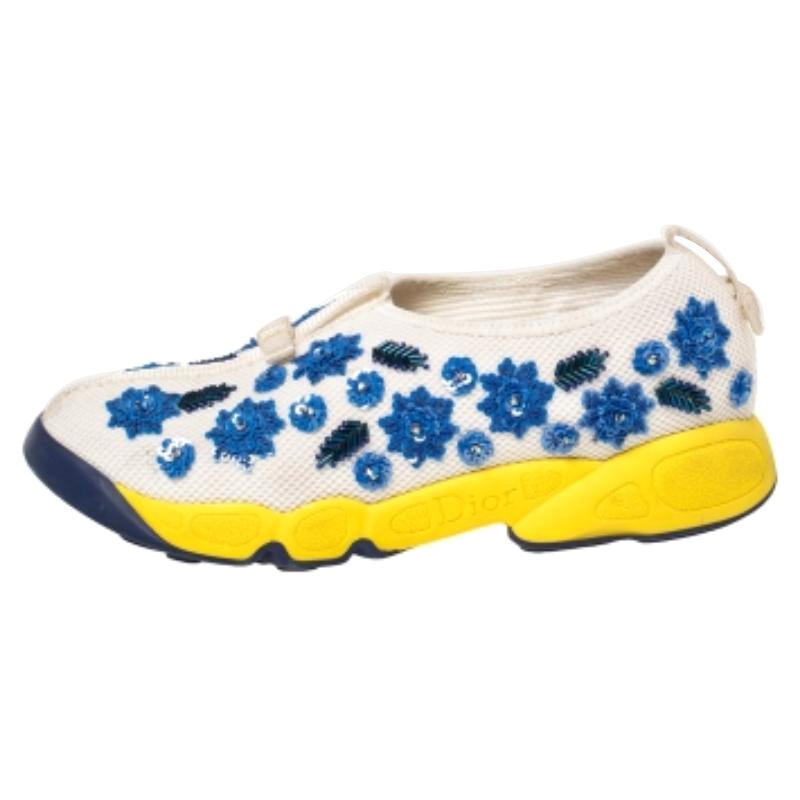 Dior White Mesh Fusion Floral Sequins Embellished Slip On Sneakers Size 38 For Sale