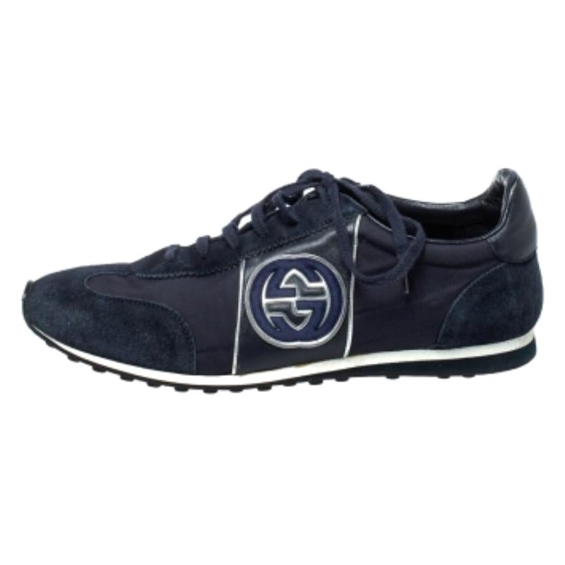 Gucci Navy Blue Suede and Fabric Interlocking G Lace Up Sneakers Size 42 For Sale