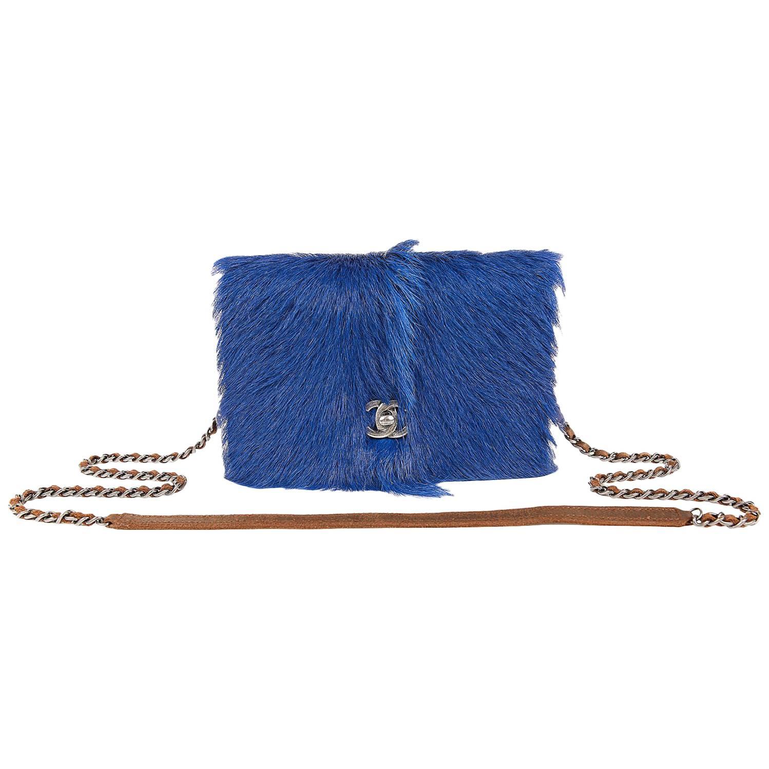 Chanel Blue Goat Fur and Distressed Brown Leather Wallet on a Chain WOC For Sale