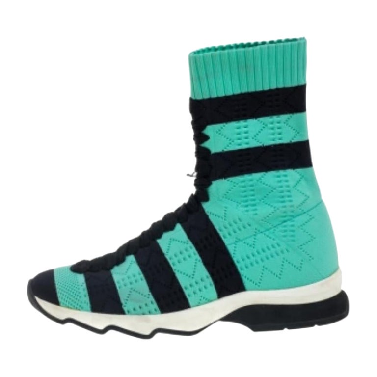 Fendi Green/Black Knit Fabric Striped Sock Sneakers Size 36 For Sale