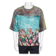 Dolce & Gabbana Multicolor Printed Linen Half Button Oversized T-Shirt XS