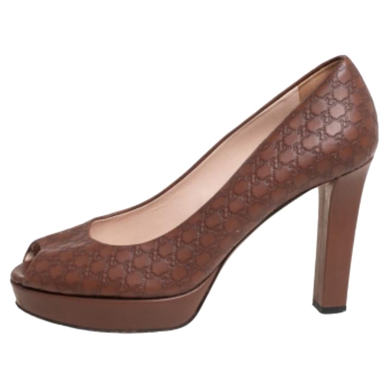 Gucci Brown Microguccissima Leather Peep Toe Platform Pumps Size 38.5 For Sale