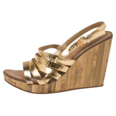 Miu Miu Gold Leather Panel Bamboo Wedge Sandals Size 40