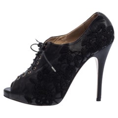 Valentino Black Leather Floral Embroidered Peep Toe Ankle Booties Size 40