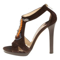 Jimmy Choo Brown Suede Beaded T-strap Tribal Sandals Size 38.5