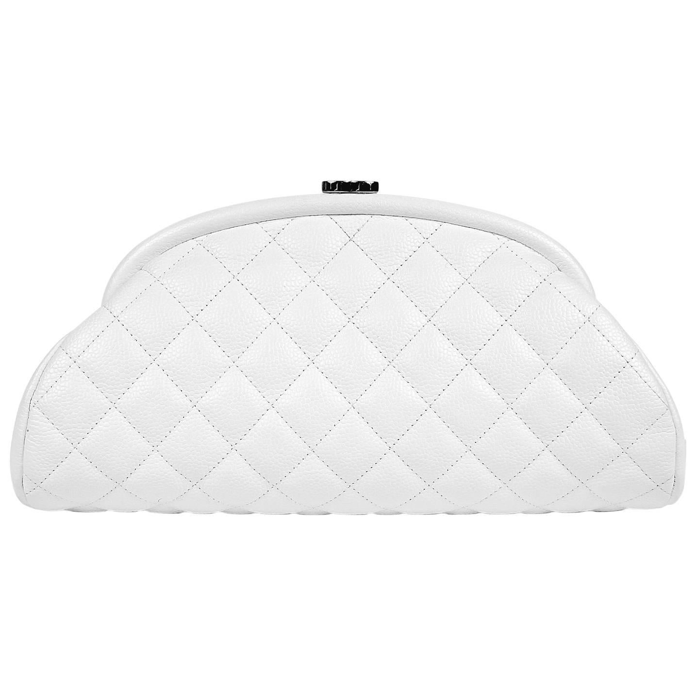 Chanel White Caviar Leather Timeless Clutch with Silver Hardware