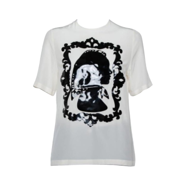 Dolce & Gabbana Cream Silk Silhouette Applique Detail Short Sleeve Top M For Sale