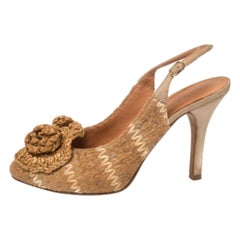 Dolce & Gabbana Tan And Beige Leather And Raffia Flower Slingback Pumps Size 37