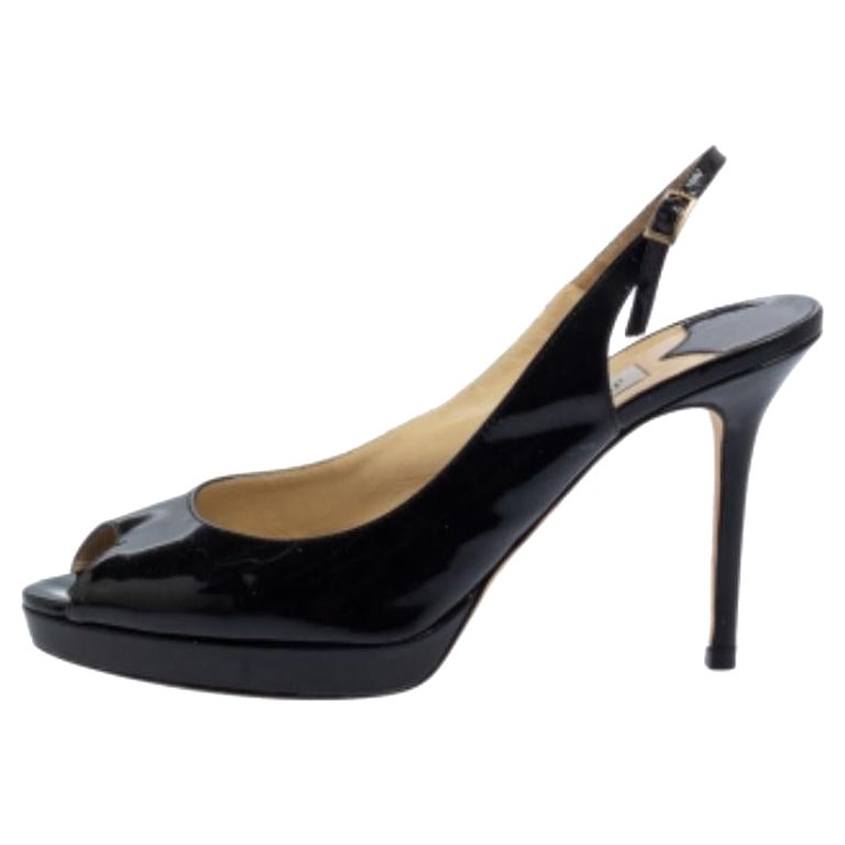 Jimmy Choo Black Patent Leather Peep Toe Platform Sandals Size 39 For Sale