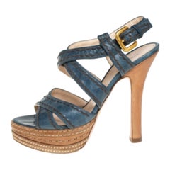 Prada Blue And Tan Leather Stitch Detail Cross Strap Platform Sandals Size 36