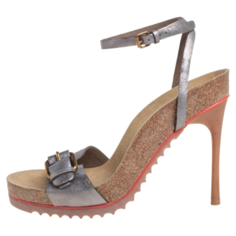 Stella McCartney Metallic Grey Faux Leather Ankle Strap Sandals Size 38 For Sale