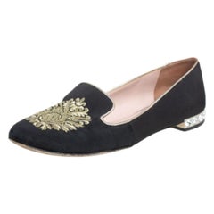 Miu Miu Black Canvas Embroidered Crystal Embellished Smoking Slippers Size 36