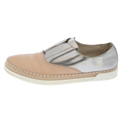 Tod's Beige/Silver Leather Francesina Slip On Espadrille Sneakers Size 38.5