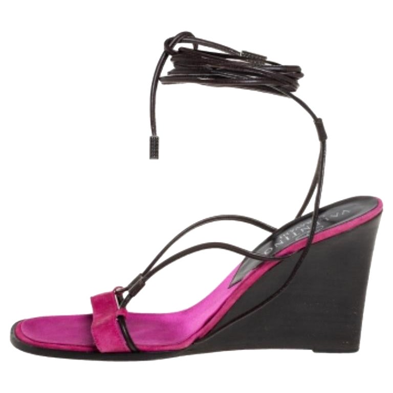 Valentino Pink/Brown Suede And Leather Wedge Ankle Wrap Sandals Size 39 For Sale