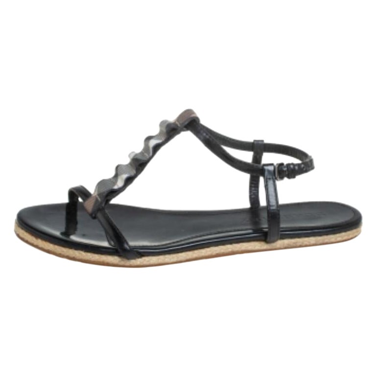 Burberry Black Leather Westerdale T Strap Espadrille Flat Sandals Size 40 For Sale