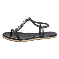 Burberry Black Leather Westerdale T Strap Espadrille Flat Sandals Size 40
