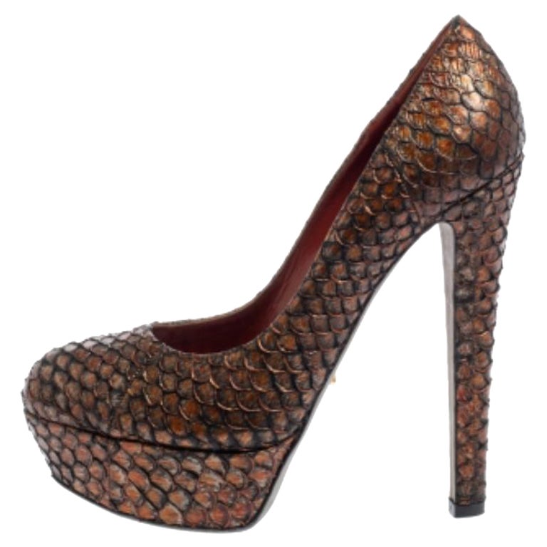 Sergio Rossi Brown Python Leather Platform Pumps Size 38 For Sale
