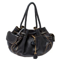 Cole Haan Leather Black Drawstring Braided Handle Hobo (Hobo à poignée tressée en cuir)