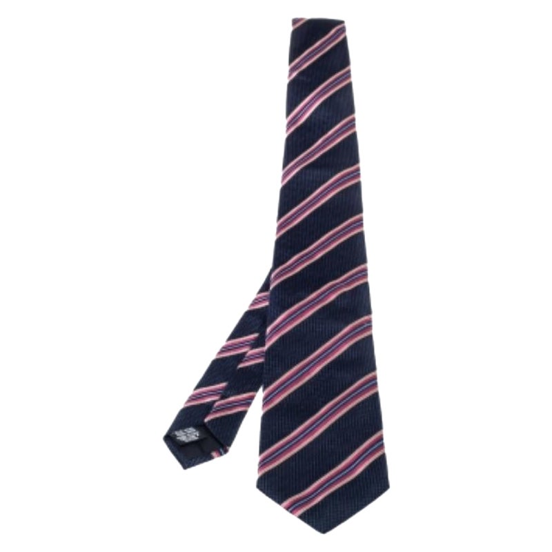 Boss By Hugo Boss Blue & Pink Striped Silk Tie For Sale