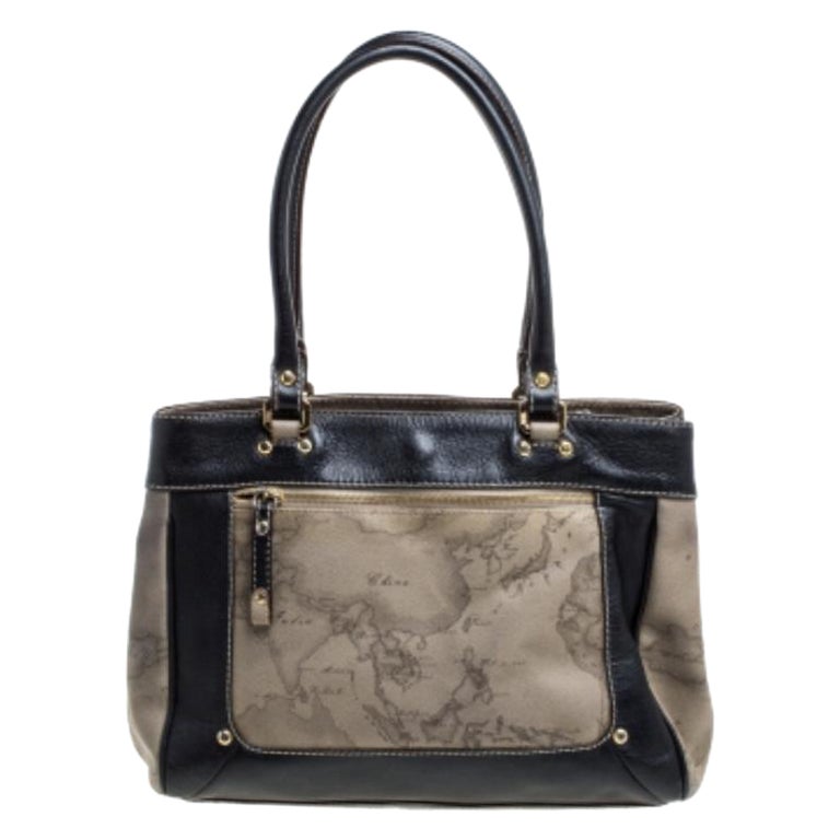 Alviero Martini 1A Classe Black/Beige Geo Print Coated Canvas and Leather Tote For Sale