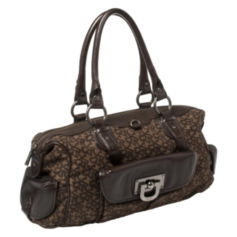 Dkny Brown Signature Canvas and Leather Front Pocket Satchel For Sale