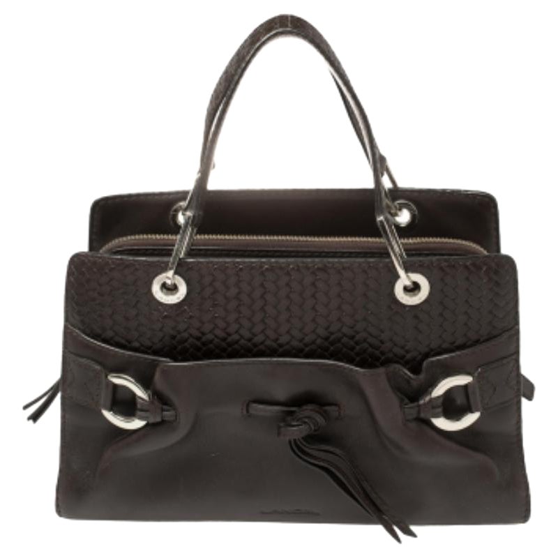 Lancel Dark Brown Braided Leather Front Pocket Tote For Sale