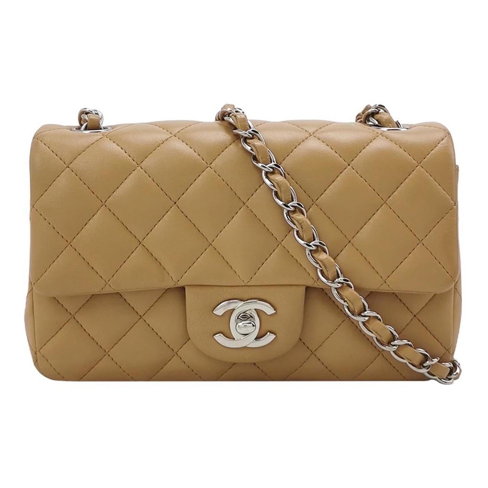 Chanel Classic Flap rectangulaire Mini Beige Lambskin Silver Hardware 2018 en vente