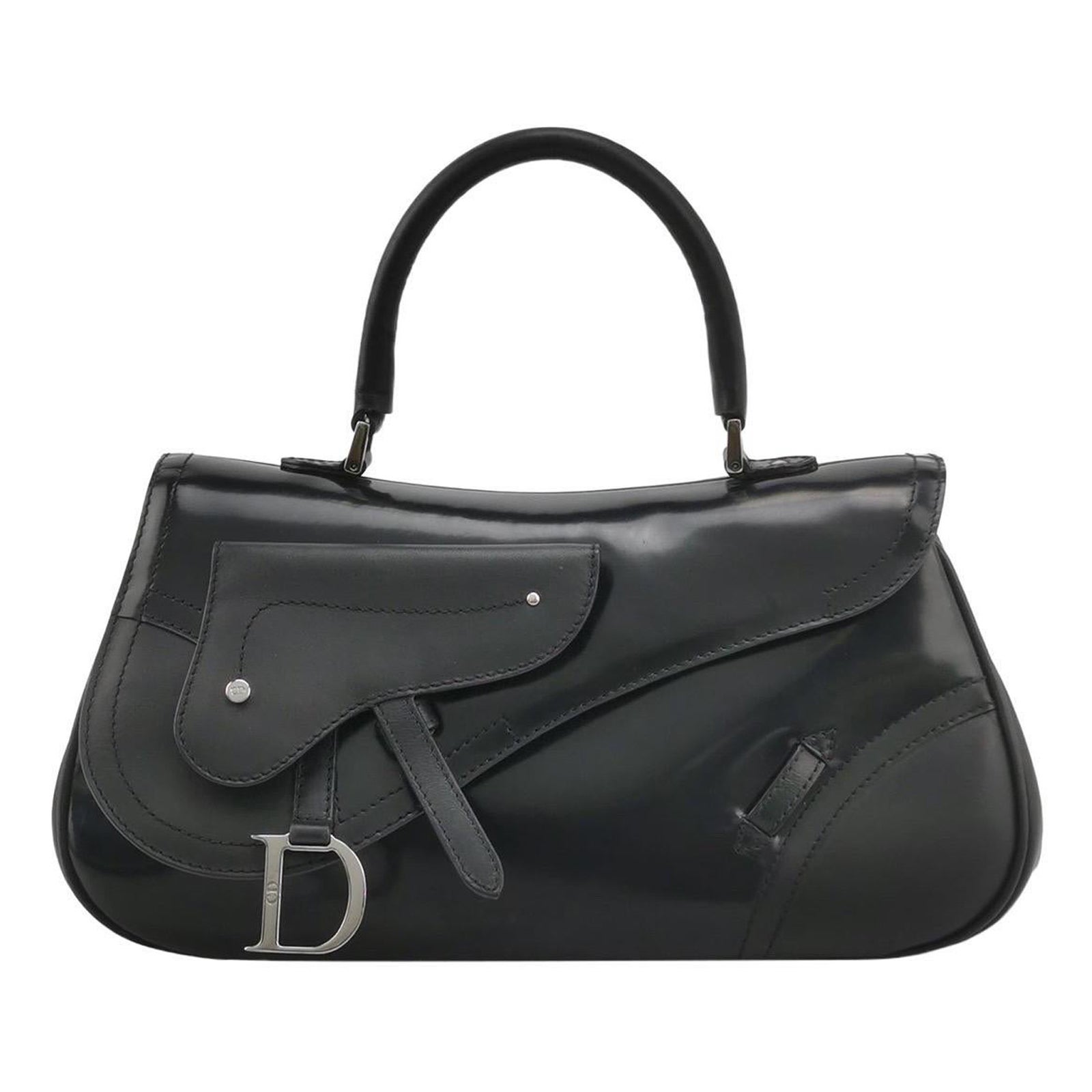 Dior Top Handle Saddle Bag Black Smooth Shiny Calfskin Leather in vendita