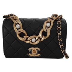 Chanel Classic Flap Mini Pearl Chain Black Lambskin Gold Hardware