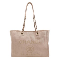 Chanel Deauville Tote Light Pink Cloth Leather Chain Strap Small 34cm