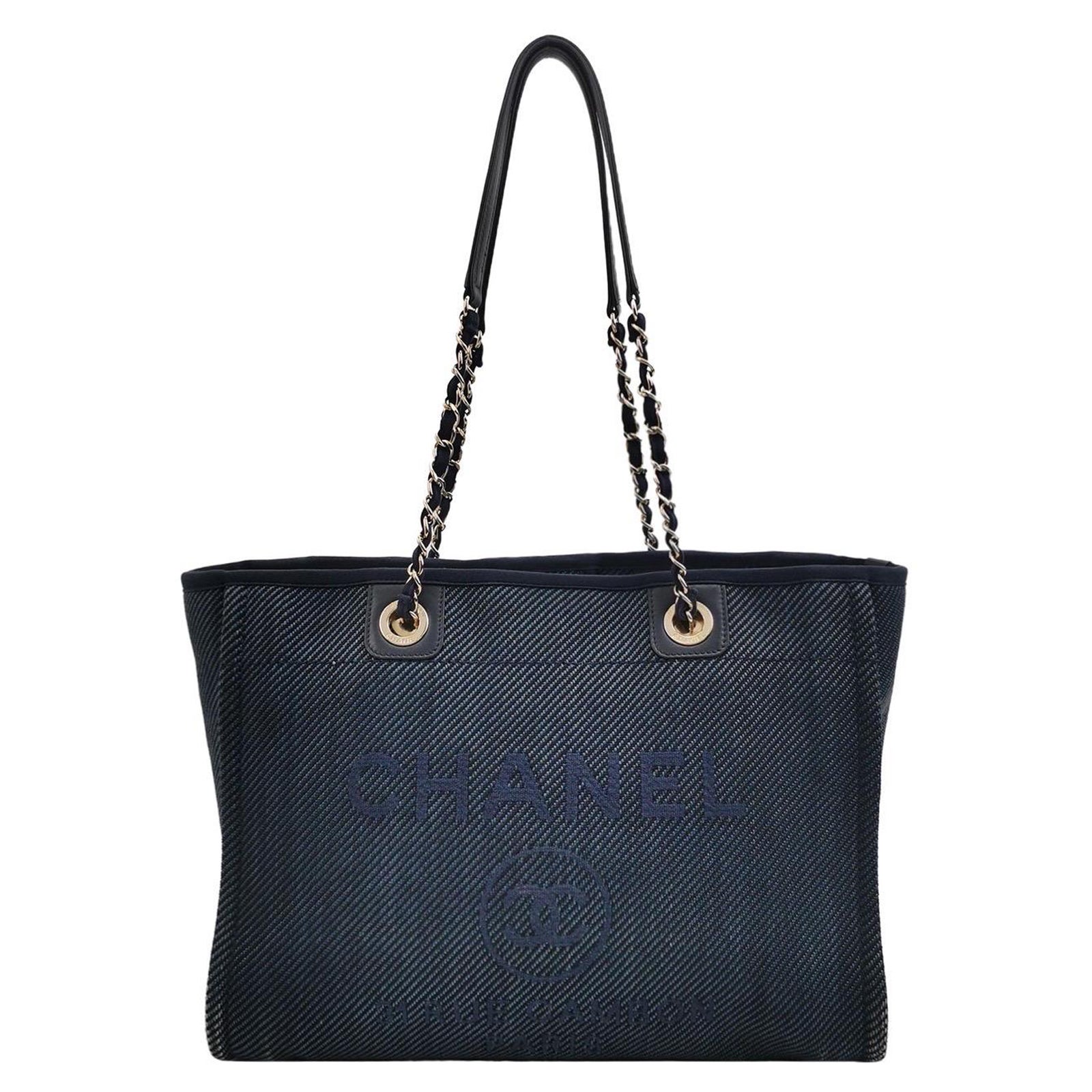 Chanel Deauville Tote Tela Vaquera Azul Marino Correa Cadena Piel Pequeño 34cm en venta