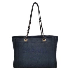 Chanel Deauville Tote Navy Denim Cloth Leather Chain Strap Small 34cm