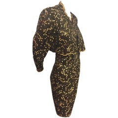 1980s Pauline Trigere Gold and Black Sequined Mini Dress and Bolero Jacket