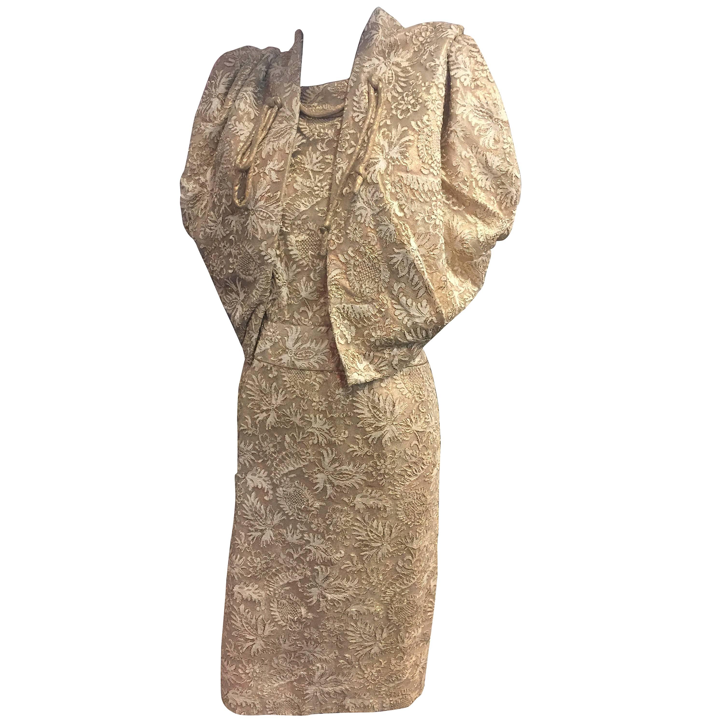 Exquisite 1950s Don Loper Gold Lamé Lace Sheath Dress w Matching Cocoon Bolero