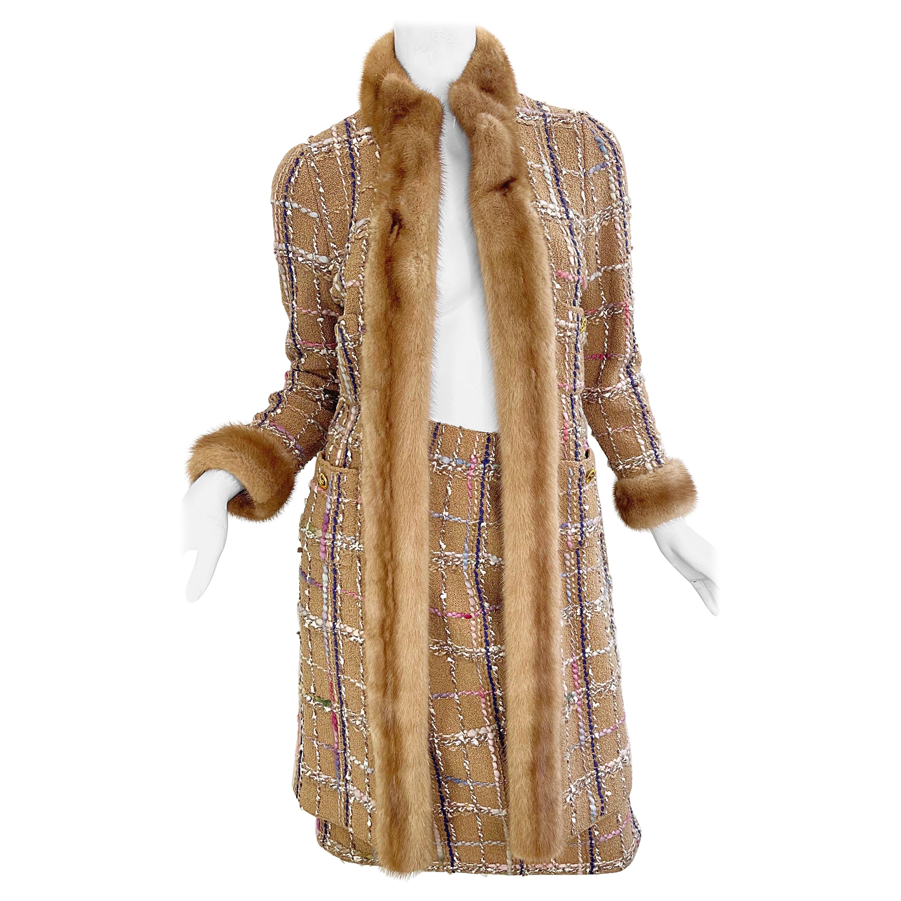 1970s Adolfo at Saks Fifth Avenue Camel Wool Tweed Skirt Suit with Mink Fur Trim For Sale