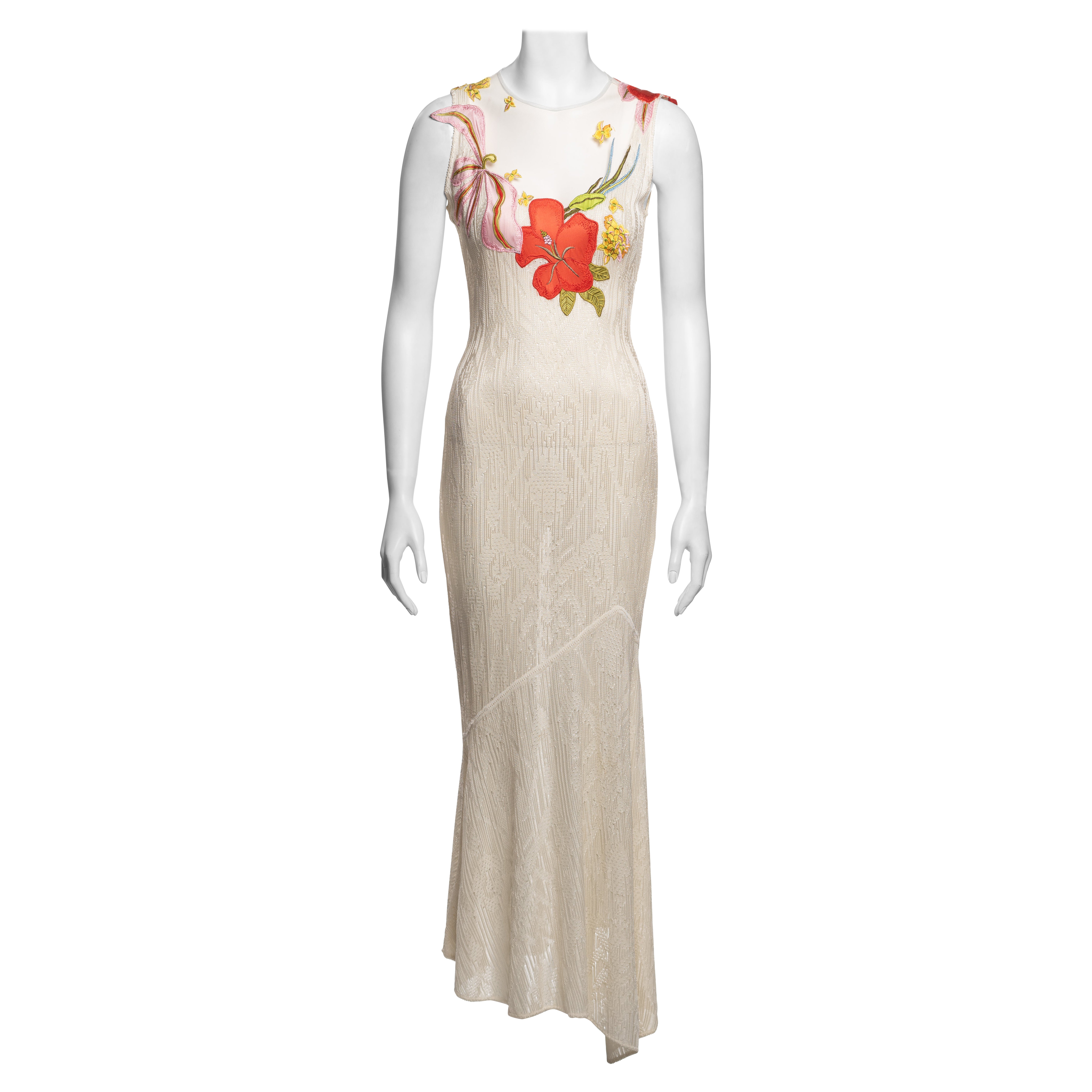 John Galliano White Viscose Knit and Tulle Dress with Floral Appliqués, FW 2000 im Angebot