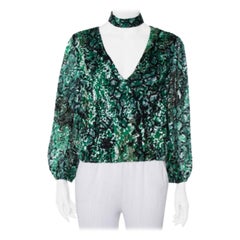 Alice + Olivia Green Animal Printed Devore Faux Wrap Choker Detail Top L