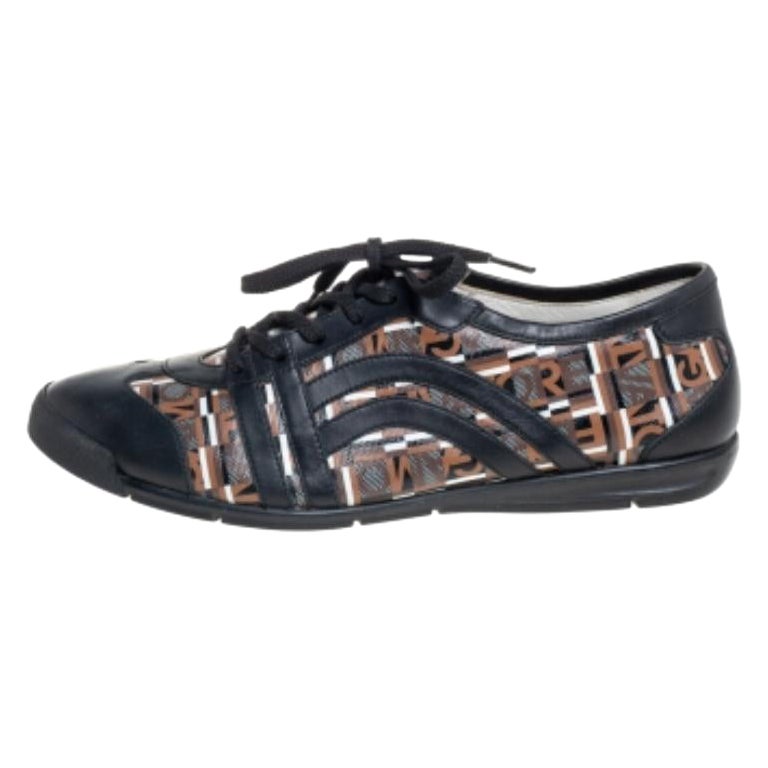 Salvatore Ferragamo Brown/Black Canvas And Leather Low Top Sneakers Size 43.5 For Sale