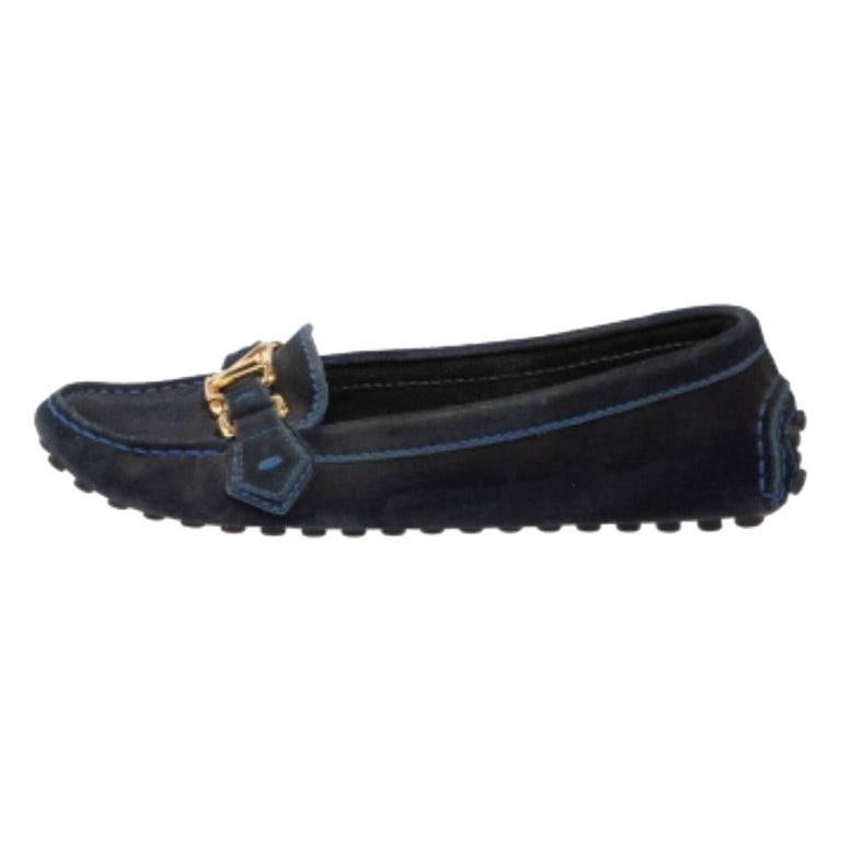 Louis Vuitton Blue Suede Logo Slip On Loafers Size 36.5 For Sale