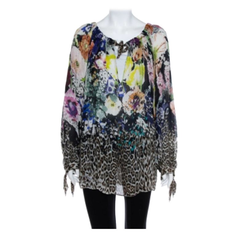Just Cavalli Multicolor Floral & Animal Printed Silk Tunic M For Sale