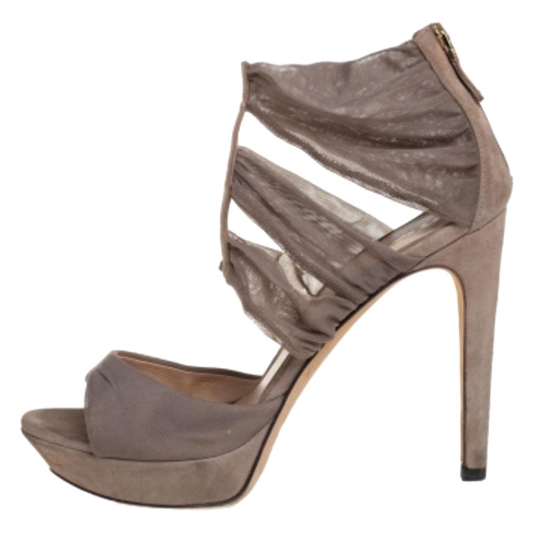 Fendi Grey Lace and Suede Platform Sandals Size 37.5 For Sale