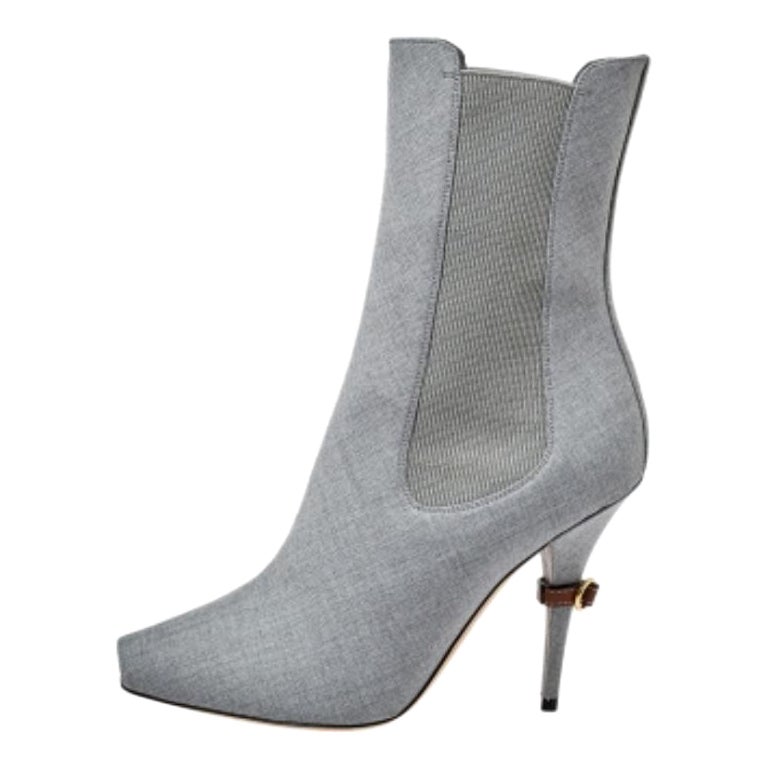 Burberry Grey Canvas And Elastic Fabric Peep Toe Kenzie Ankle Boots Size 37 For Sale