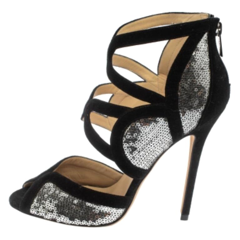 Jimmy Choo Silver/Black Suede and Sequins Tempest Sandals Size 38.5 For Sale
