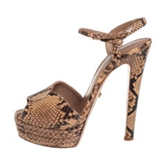 Le Silla Brown/Beige Python Ankle Strap Platform Sandals Size 40.5
