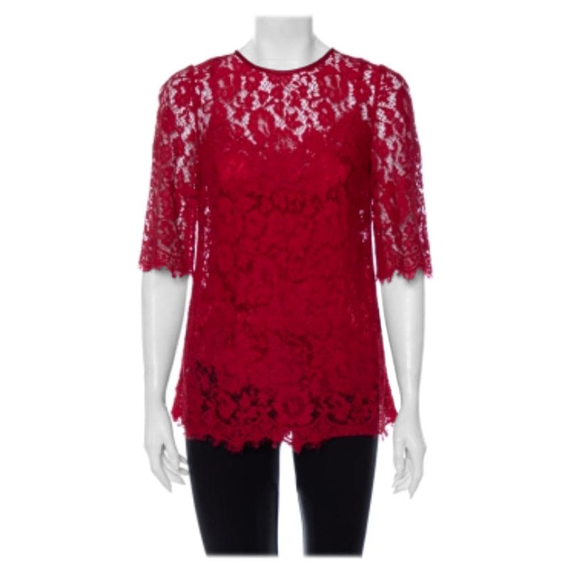 Dolce & Gabbana Red Lace Quarter Sleeve Top M For Sale